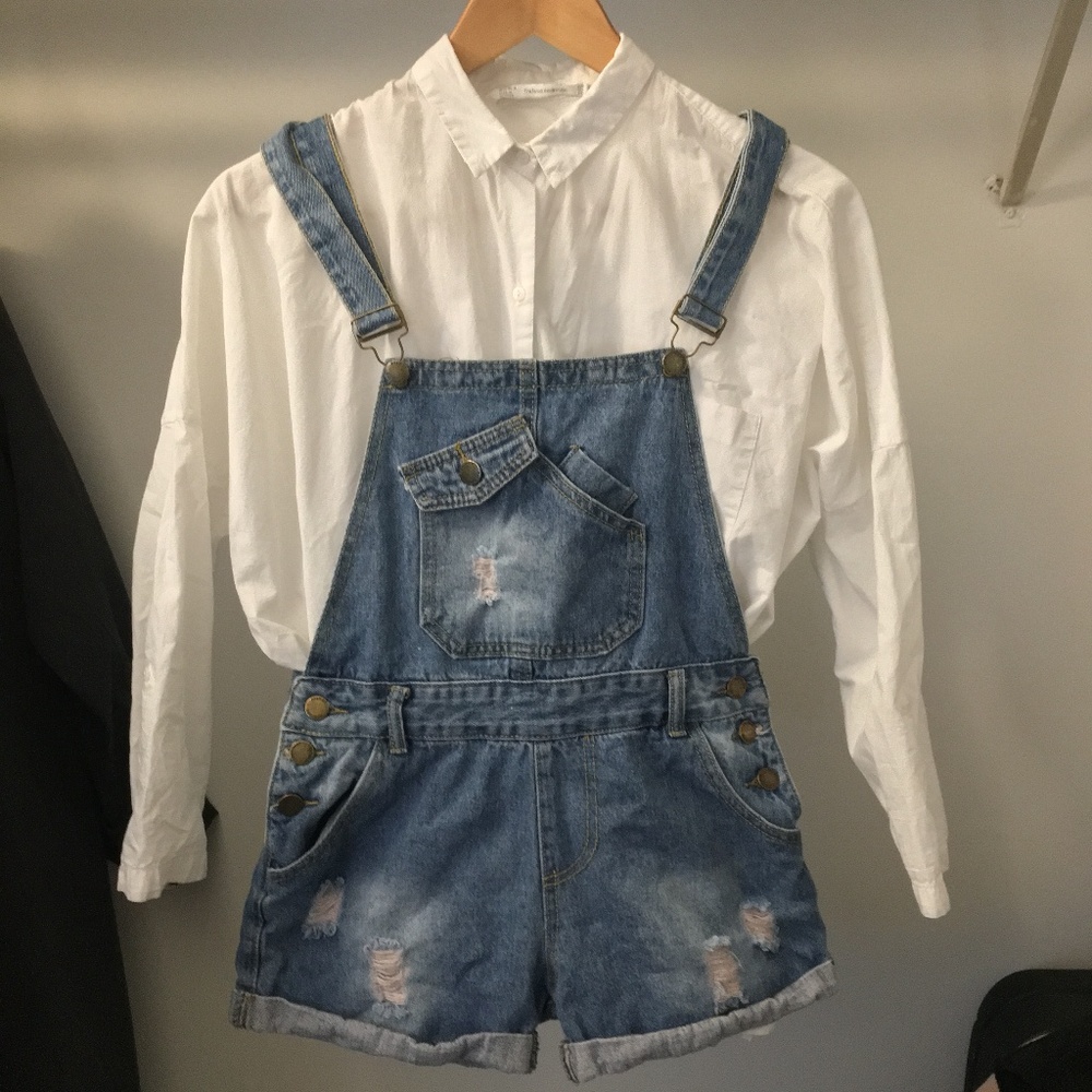 Blue Washed Denim Overall Shorts